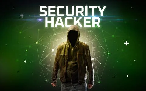 Mysterious hacker, online attack concept 库存照片