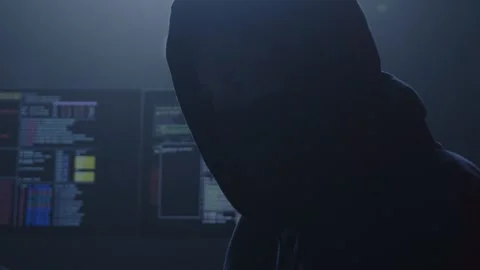 A mysterious hacker operates in the shadows with complex computer code Stock Footage 281759615