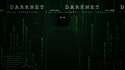 Mysterious Hacker Silhouette with Digital Matrix Code and Darknet Fraud Stock Footage 345761069