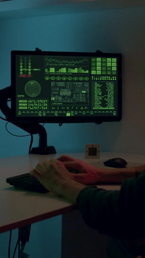 A mysterious hacker surrounded by digital code attempts to bypass a firewall on Video stock 313927136