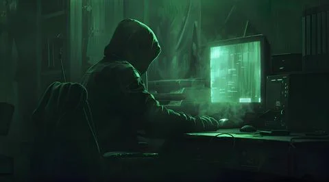 A mysterious hooded man, a hacker programmer, works with programs to hack l.. 写真素材