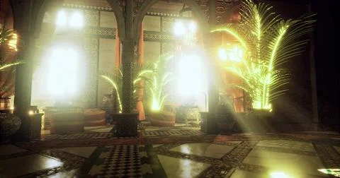 Mysterious indoor space with light filtering through plants in a unique setti Stock Illustration