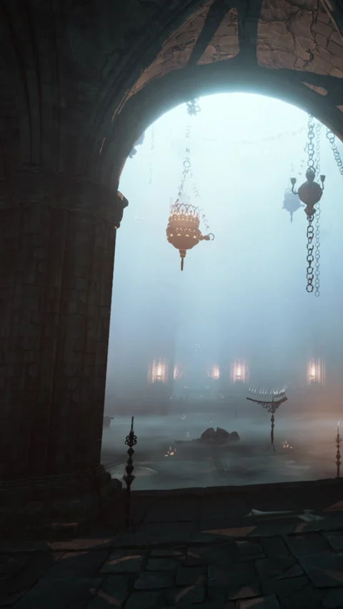 Mysterious interior of an ancient building with dim lighting and fog Stock Footage 342712265