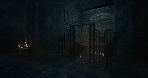Mysterious interior of an ancient stone chapel illuminated by candlelight Vídeo Stock 312074470