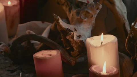 Mysterious Interior with Mirror and Burning Candles Stock Footage 250948072