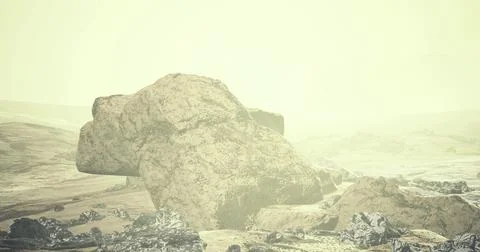 Mysterious large rock formation on a desolate landscape during twilight hours Stock Illustration