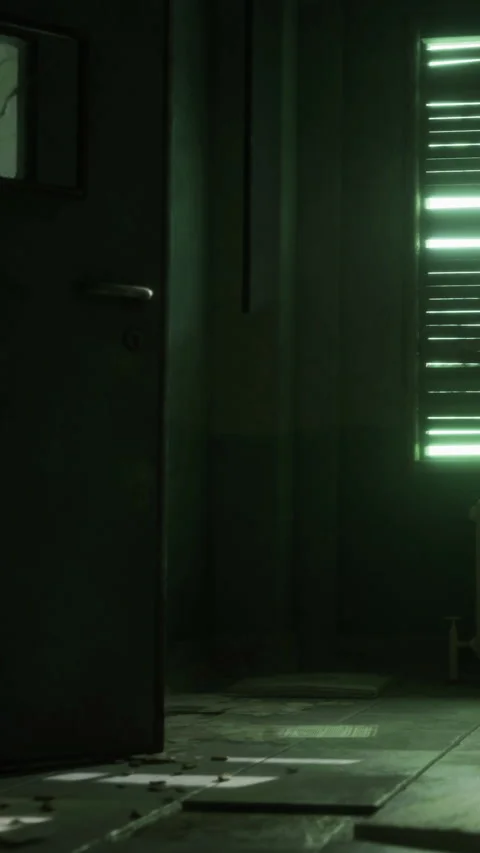 Mysterious light shines through a window in an empty room with scattered debris Stock Footage 337997934