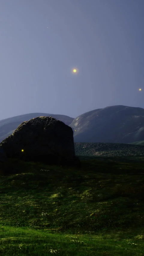 Mysterious lights dance in the night sky over serene mountains in twilight Video stock 334244924