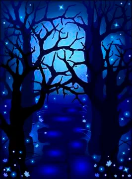 Mysterious magic forest in the moonlight and shining flowers and Illustrazione stock