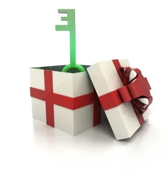 Mysterious magic gift with green key inside render illustration Stock Illustration