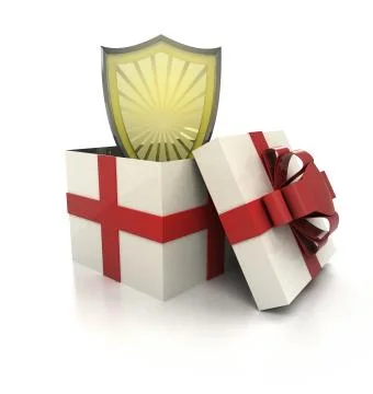 Mysterious magic gift with security gold shield render illustration 스톡 일러스트