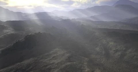 Mysterious mountain landscape with dramatic lighting at dawn Stock Illustration