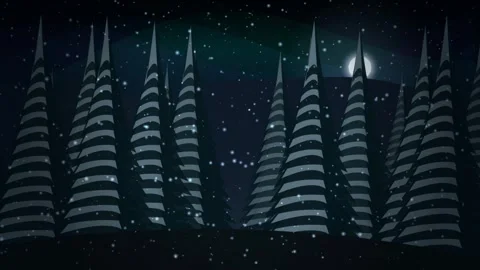 Mysterious Night Forest Landscape with Snowfall and Stylized Trees 스톡 동영상 343839682