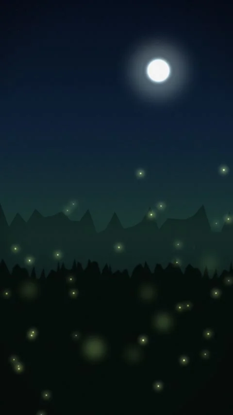 Mysterious night sky with glowing fireflies and mountains. 2d animation Stock Footage 342579267