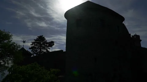 A mysterious, old castle in the dark and illuminated by the strong moonlight. Stock Footage 106571337