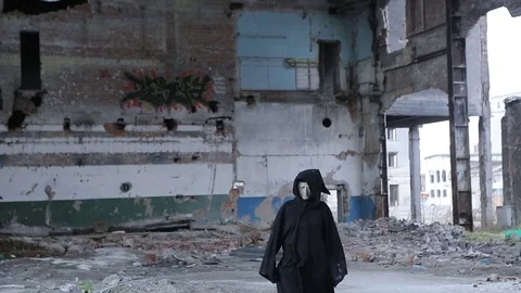 Mysterious Person In An Old Destroyed Factory Stock Footage