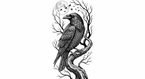 Mysterious Raven Perched on Gnarled Tree Branches Under Full Moon Stock Illustration