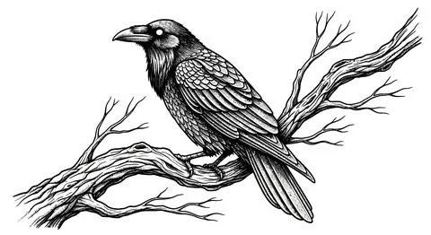 Mysterious Raven Perched on Gnarled Tree Branch, Black and White Illustration Stock Illustration