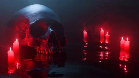 Mysterious red candlelight illuminates a large skull in a dark, reflective water Stock Footage 302429078