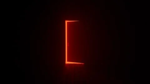 Mysterious red light shining from open door in dark room Illustrazione stock