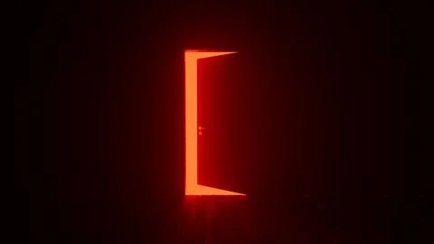 Mysterious red light shining from open door in dark room Illustrazione stock
