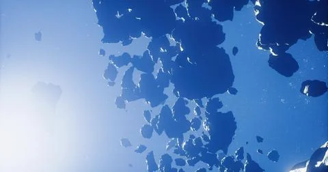 Mysterious rocky formations floating in deep blue space during sunlight Stock Illustration