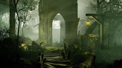 Mysterious ruins bathed in soft moonlight within an enchanted forest Stock Footage 343627422