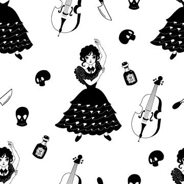 Mysterious seamless pattern with gothic dancing girl wednesday on white bac.. Illustrazione stock
