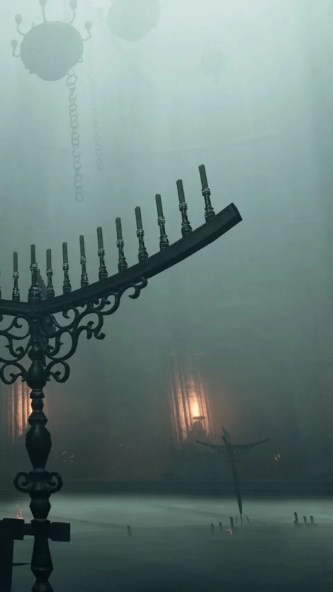 Mysterious setting with candelabra and dim light in an ancient location Stock Footage 339410774