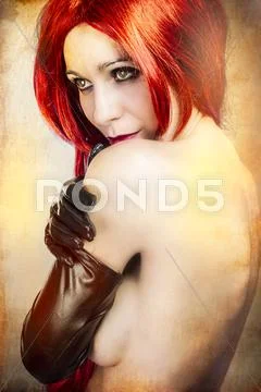 Mysterious sexy woman with artistic style with latex gloves venetian mask Stock Photos