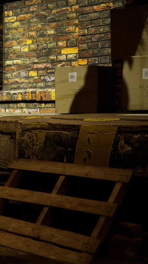 Mysterious shadows cast on stacked boxes in an urban setting at night Stock Footage 335233707
