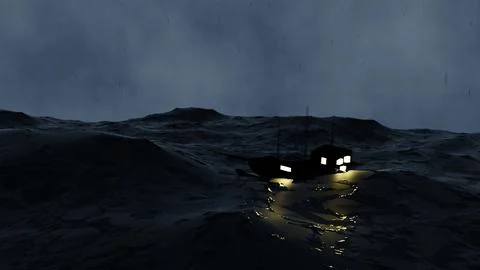 Mysterious Ship in Ocean During Rain Storm 3D Graphic Illustration Stock Illustration