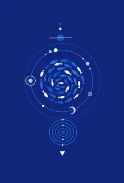 Mysterious space composition of fish, cosmic bodies and circles. Underwater l Illustrazione stock