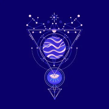 Mysterious space composition of planets, triangles, stars. Vector illustratio Illustrazione stock