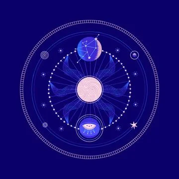 Mysterious space round composition with planets and stars. Vector illustratio Stock Illustration