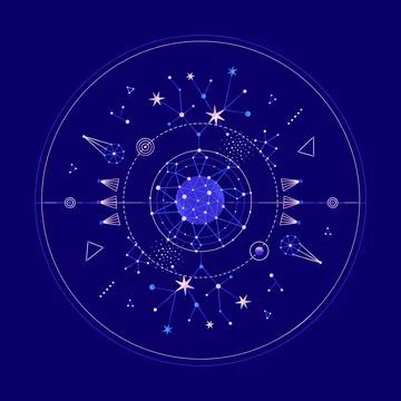 Mysterious space round composition with planets and stars. Vector illustratio Stock Illustration