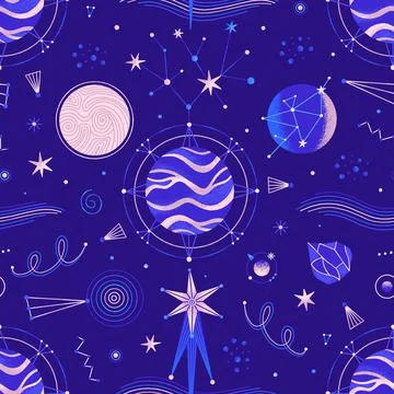 Mysterious space seamless patterns of planets, stars, other celestial bodies Stock Illustration