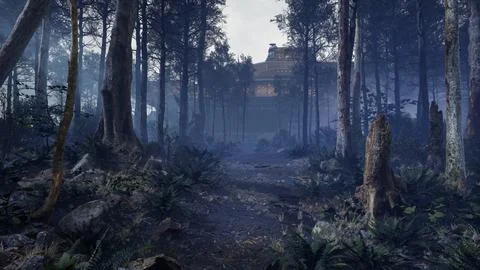 A mysterious spaceship appeared in the spooky path foggy forest. Mystery fore Illustrazione stock