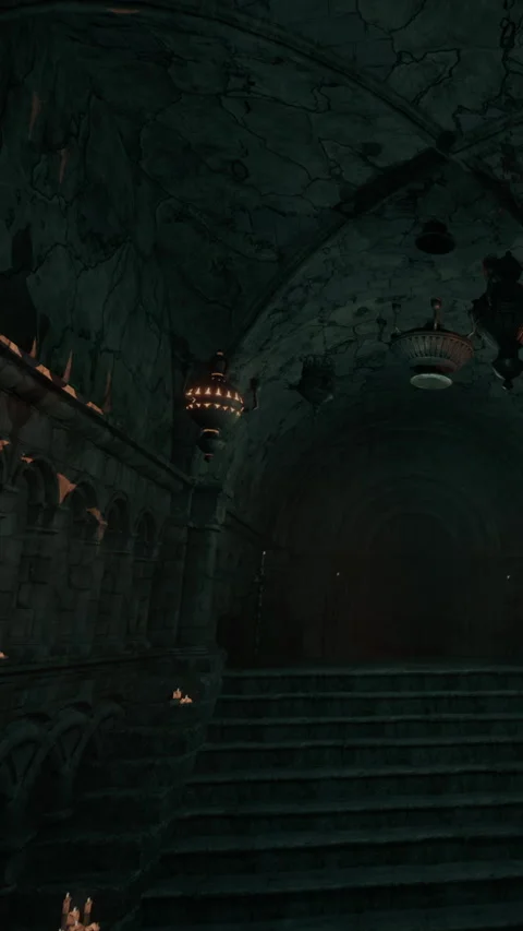 Mysterious staircase within dark castle in twilight hours Stock Footage 335354978