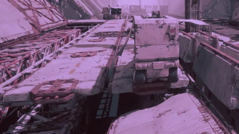 Mysterious Structures Loom in a Desolate Landscape Filled With Shadows Video stock 347257022
