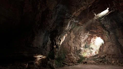 A mysterious tunnel with rays of light piercing through the darkness Stock Illustration