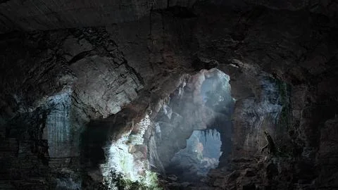 A mysterious tunnel with rays of light piercing through the darkness Stock Illustration