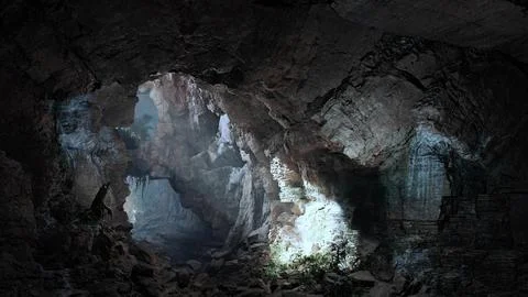 A mysterious tunnel with rays of light piercing through the darkness Stock Illustration