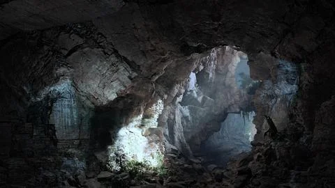 A mysterious tunnel with rays of light piercing through the darkness Stock Illustration