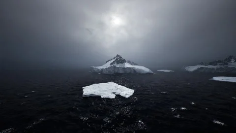 Mysterious twilight casts shadow over icy landscape with foreboding mood 스톡 동영상 331531666