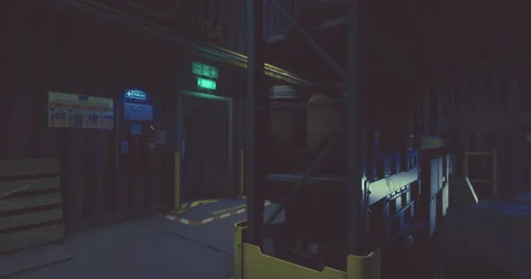 Mysterious warehouse interior with dim lighting and empty shelves at night Stock Footage 316080842