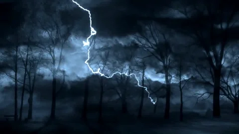 Mystery and spooky dark forest with lightning and moving clouds Stock Footage 125622757
