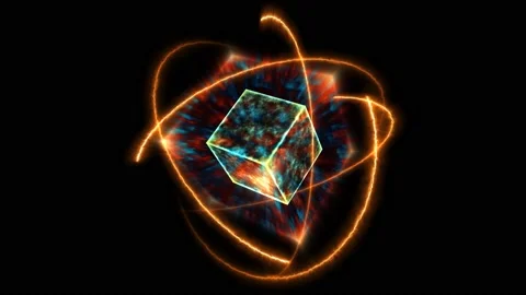 Mystery dark blue wave cube empty core energy surface and atom moving by Video stock 147113291