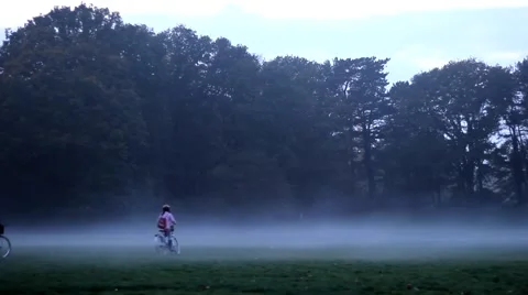 Mystery forest Wood Mistic fog in the woods,Girls on Bike horror scene nlo Stock Footage