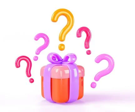 Mystery gift box with question marks on white background 3d render. Present Stock Illustration